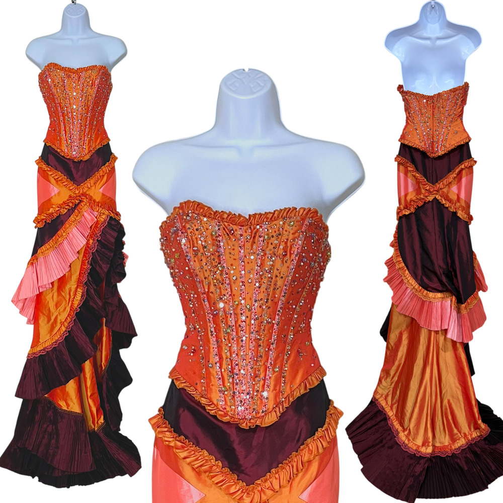 MeProm Strapless Prom Dress Sz 3 Gown GYPSY Boho Patchwork Pageant Orange Corset